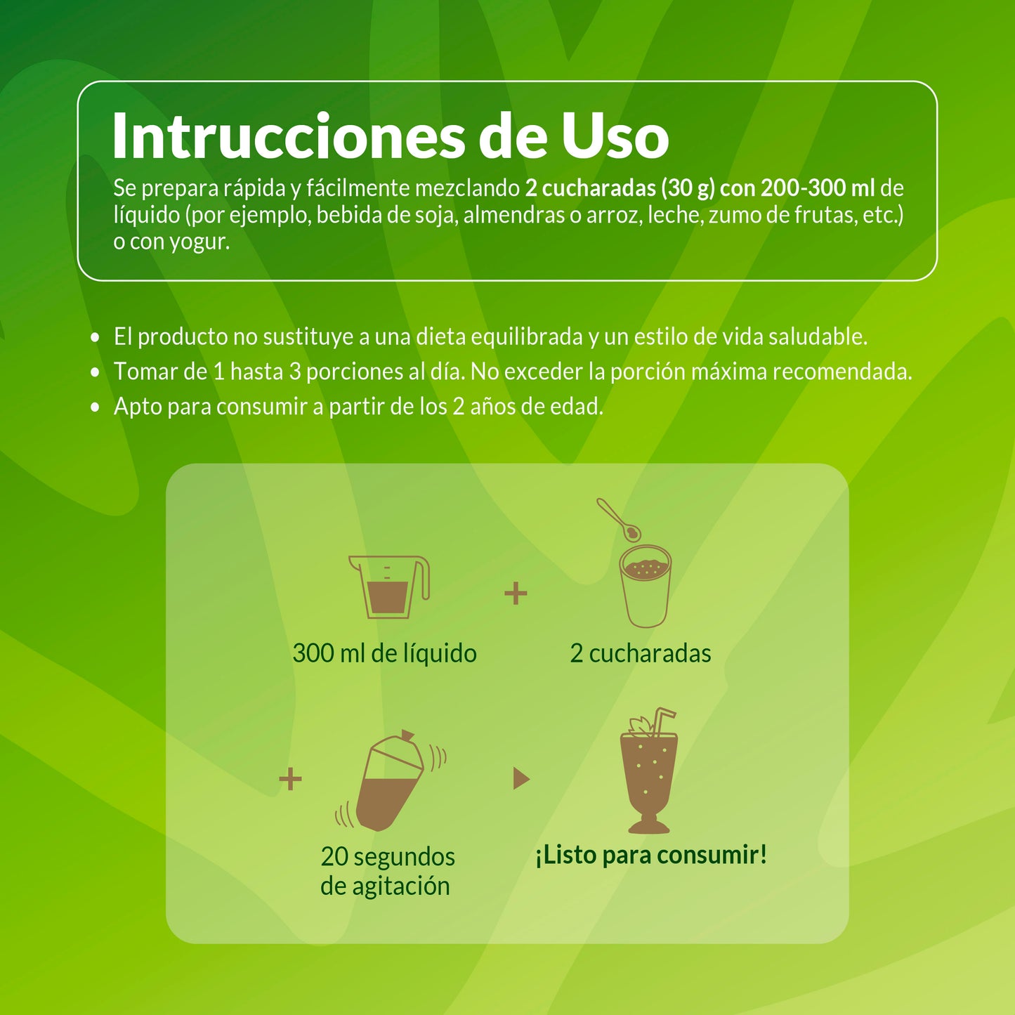 Instrucciones de preparación de proteína vegana sabor cafe Living Foods