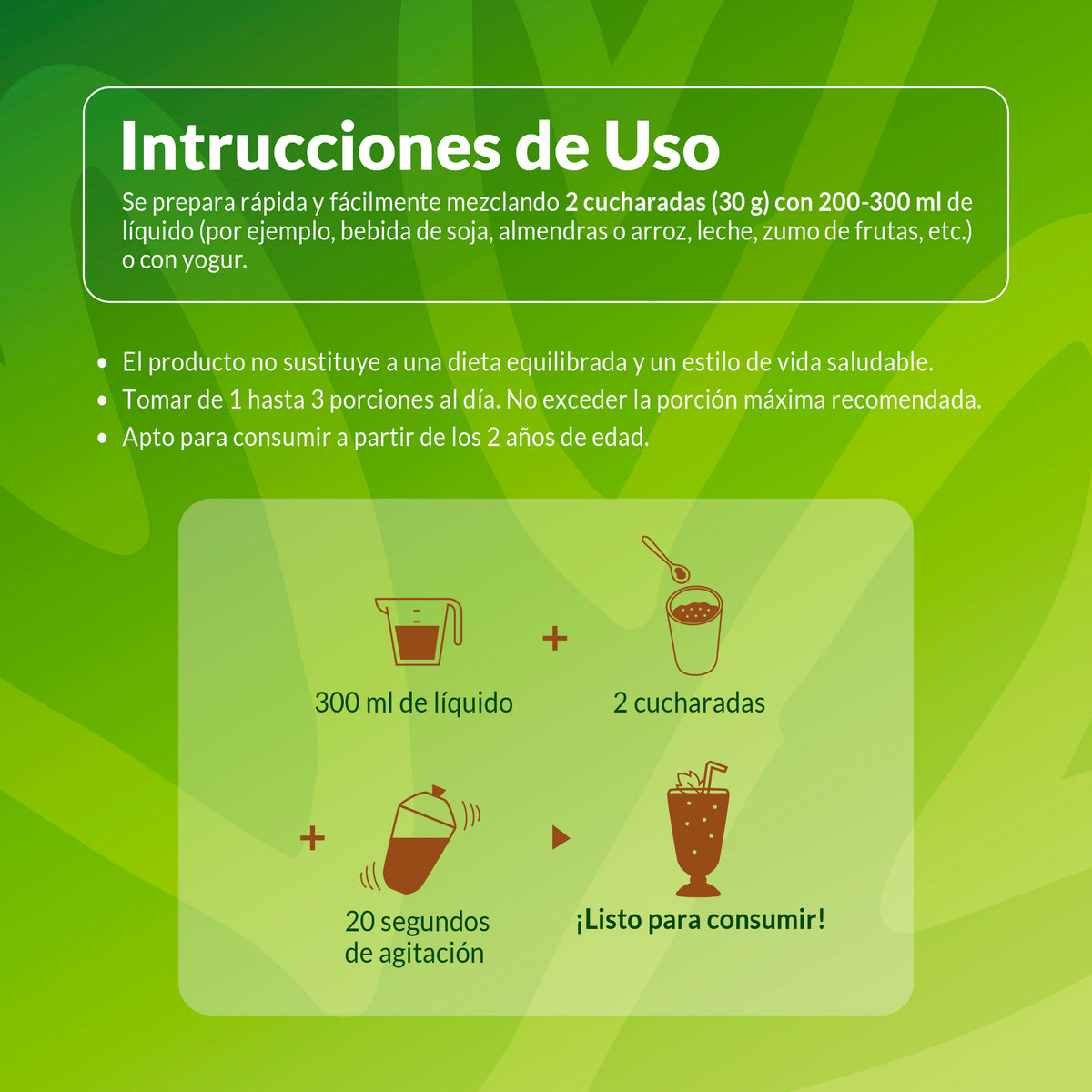 Instrucciones de preparación de proteína vegana sabor chocolate Living Foods