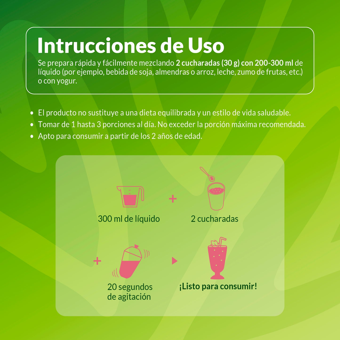 Instrucciones de preparación de proteína vegana sabor fresa Living Foods