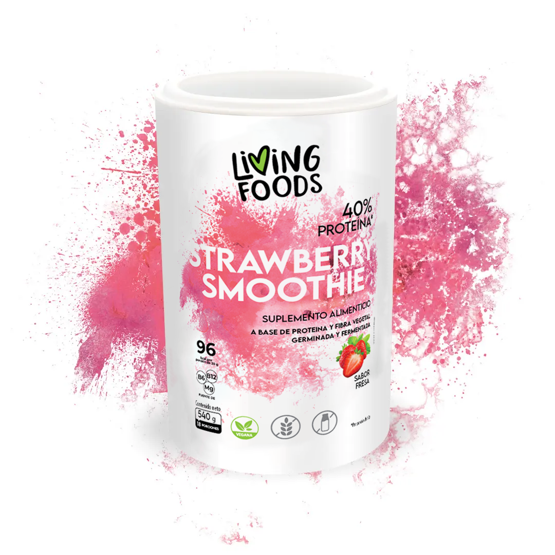 Proteína vegana con fibra sabor fresa Living Foods para nutrición vegetal y digestión saludable