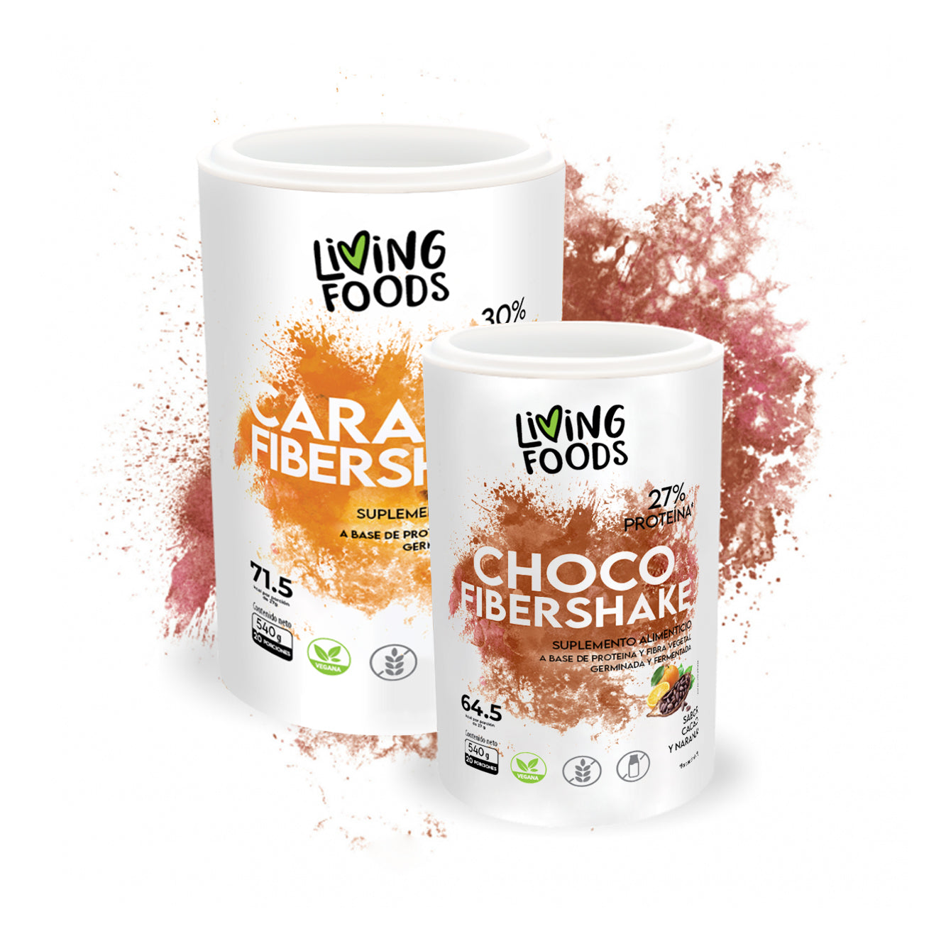 Proteína vegana con fibra sabor chocolate caramelo Living Foods para nutrición vegetal y digestión saludable