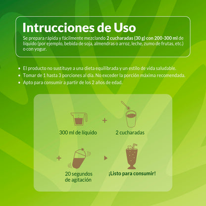 Instrucciones de preparación de proteína vegana sabor cafe Living Foods