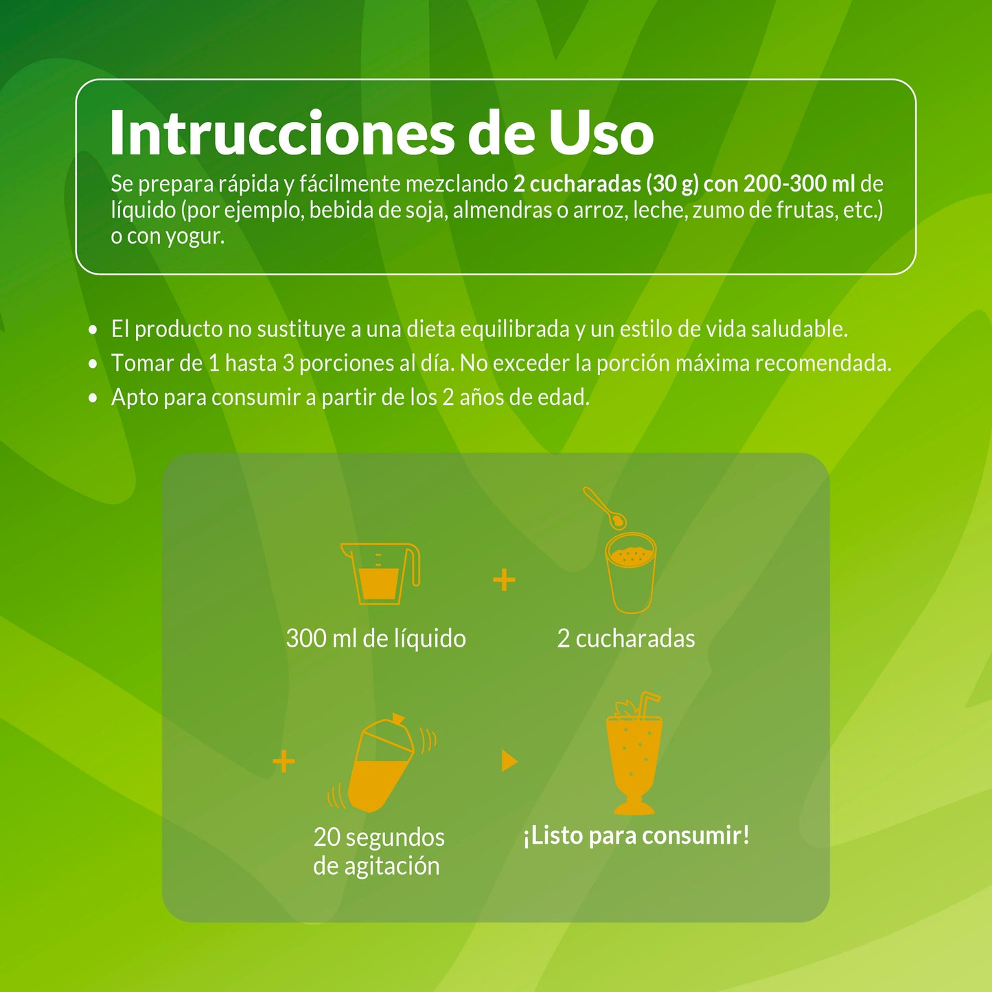 Instrucciones de preparación de proteína vegana sabor vainilla Living Foods