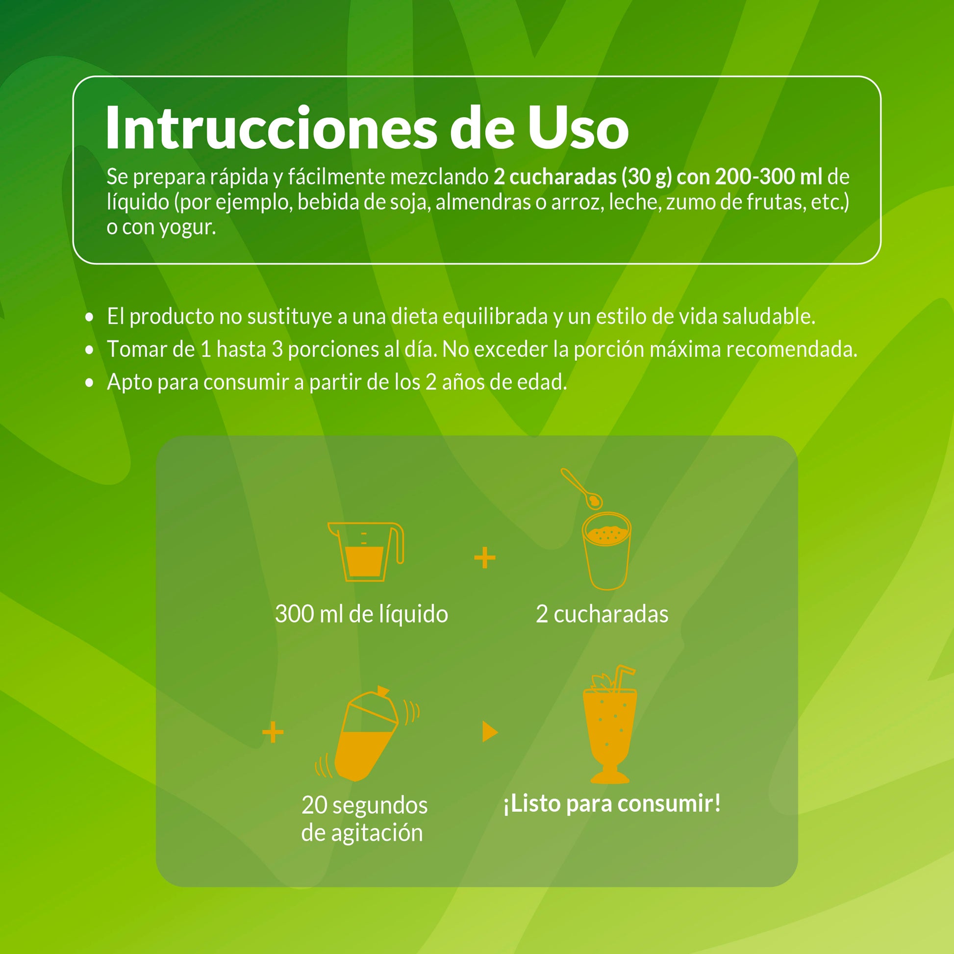 Instrucciones de preparación de proteína vegana sabor vainilla Living Foods