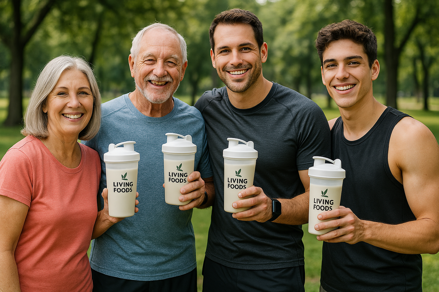Personas de diferentes edades disfrutando un shake de nutrición vegetal