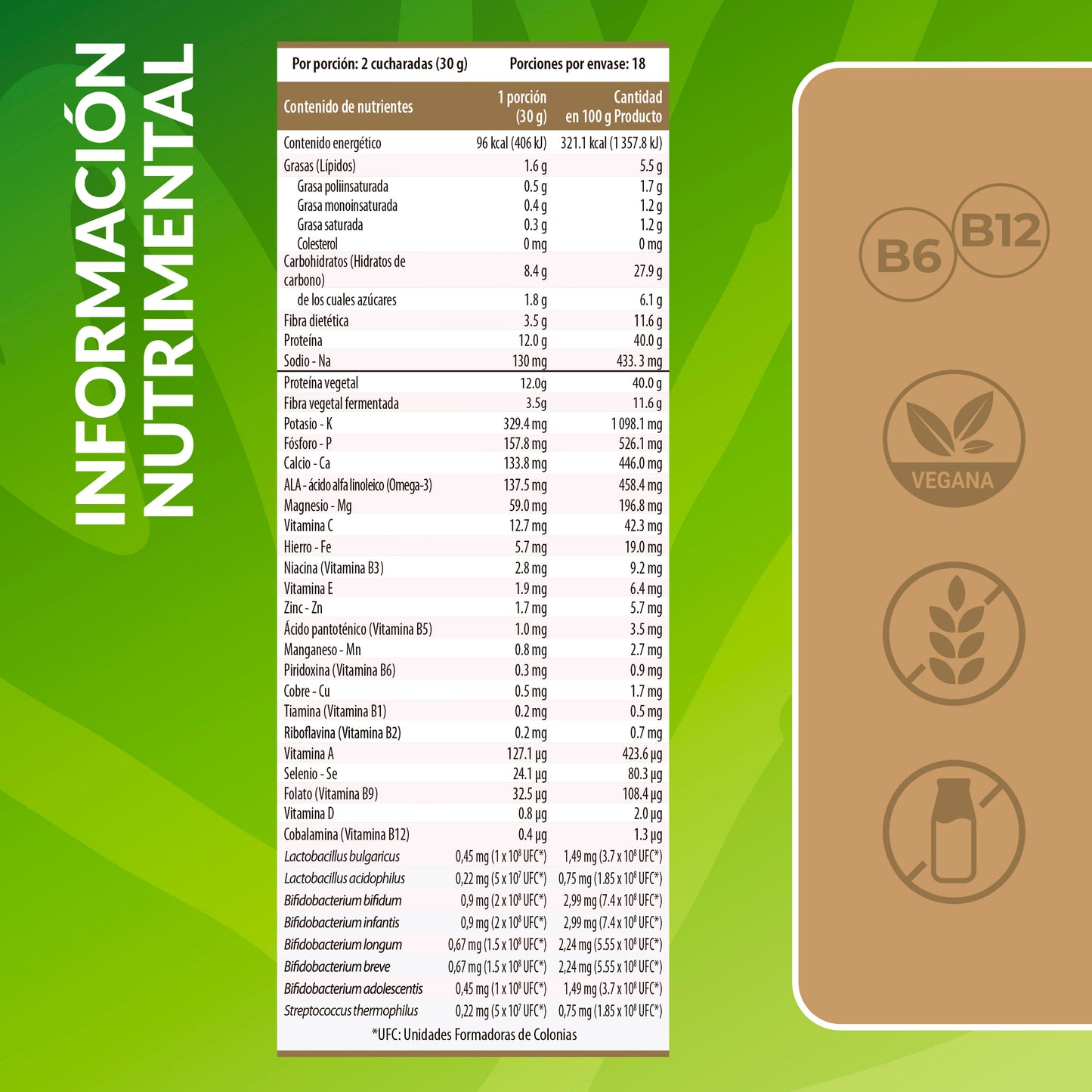 Tabla nutrimental de proteína vegana con fibra sabor cafe Living Foods