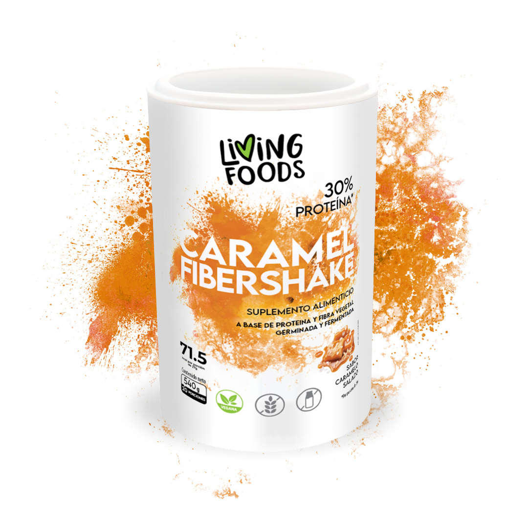 Proteína vegana con fibra sabor caramelo Living Foods para nutrición vegetal y digestión saludable