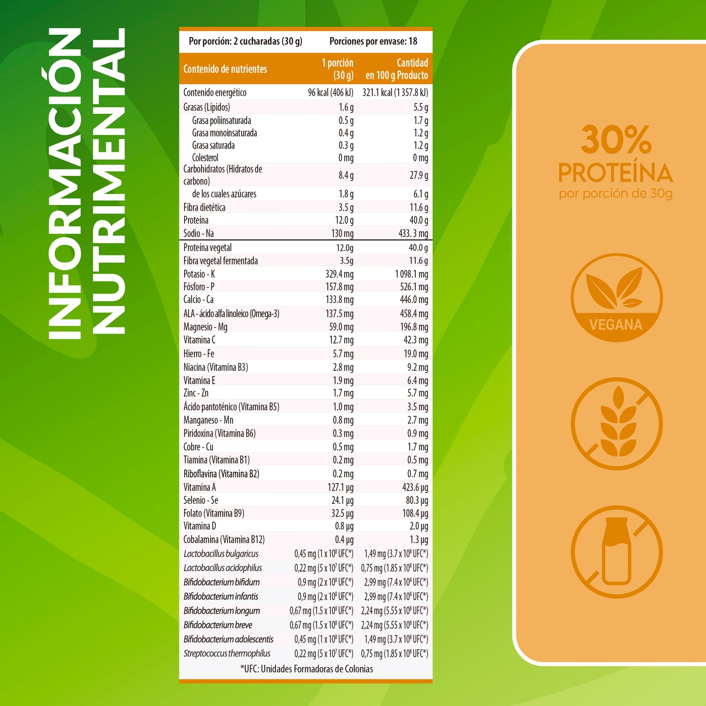 Tabla nutrimental de proteína vegana con fibra sabor caramelo Living Foods