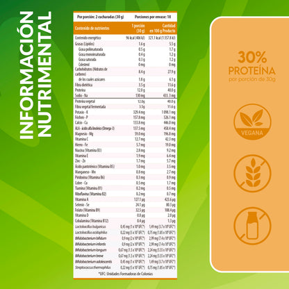 Tabla nutrimental de proteína vegana con fibra sabor caramelo Living Foods