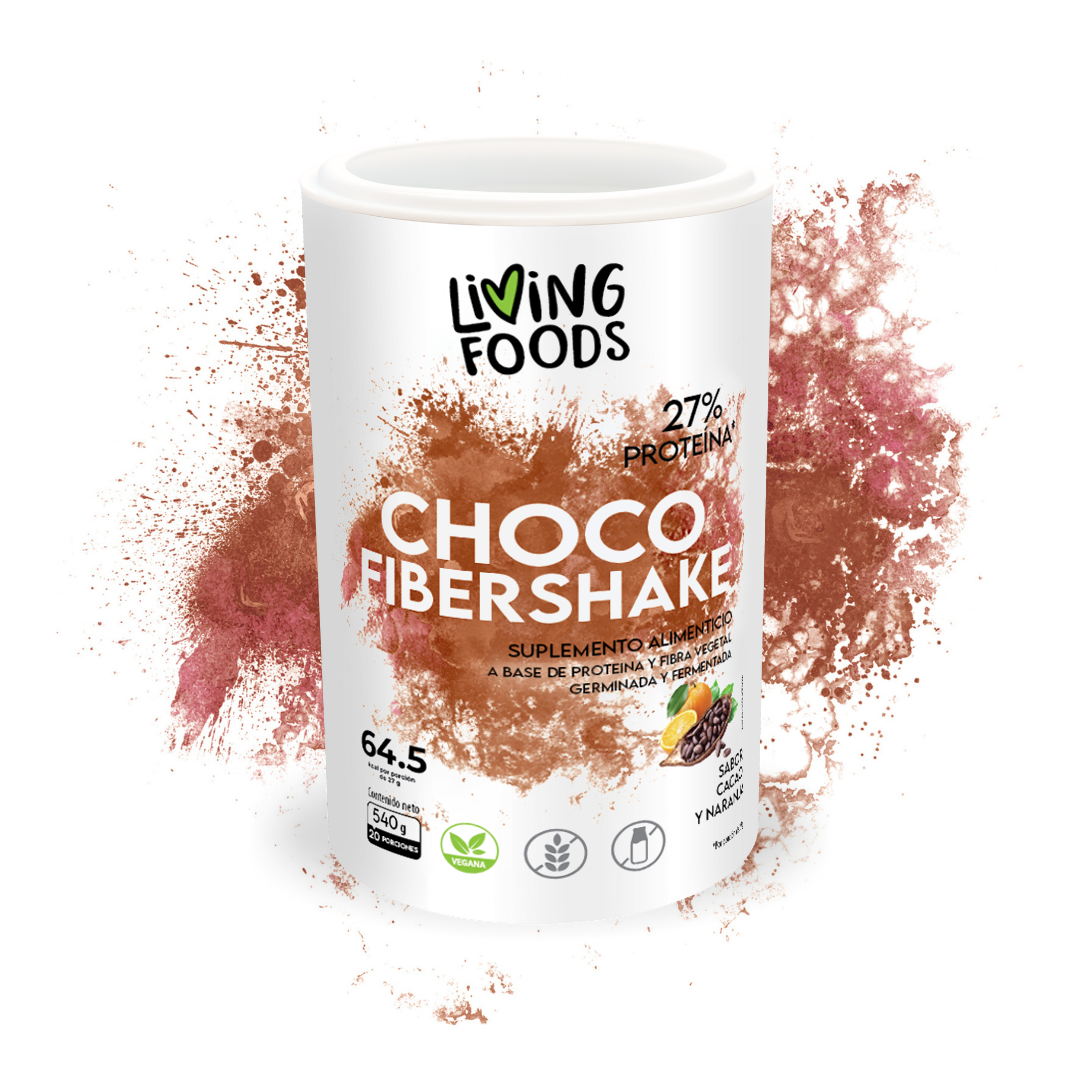 Proteína vegana con fibra sabor chocolate Living Foods para nutrición vegetal y digestión saludable
