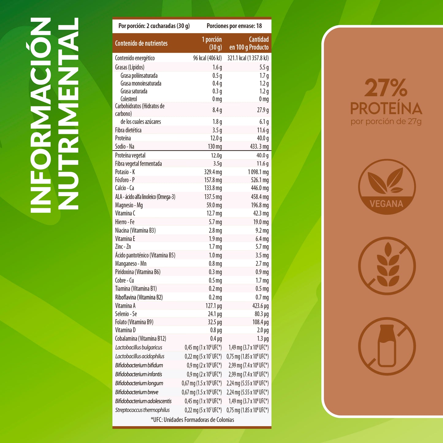 Tabla nutrimental de proteína vegana con fibra sabor chocolate Living Foods