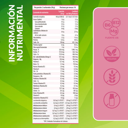 Tabla nutrimental de proteína vegana con fibra sabor fresa Living Foods