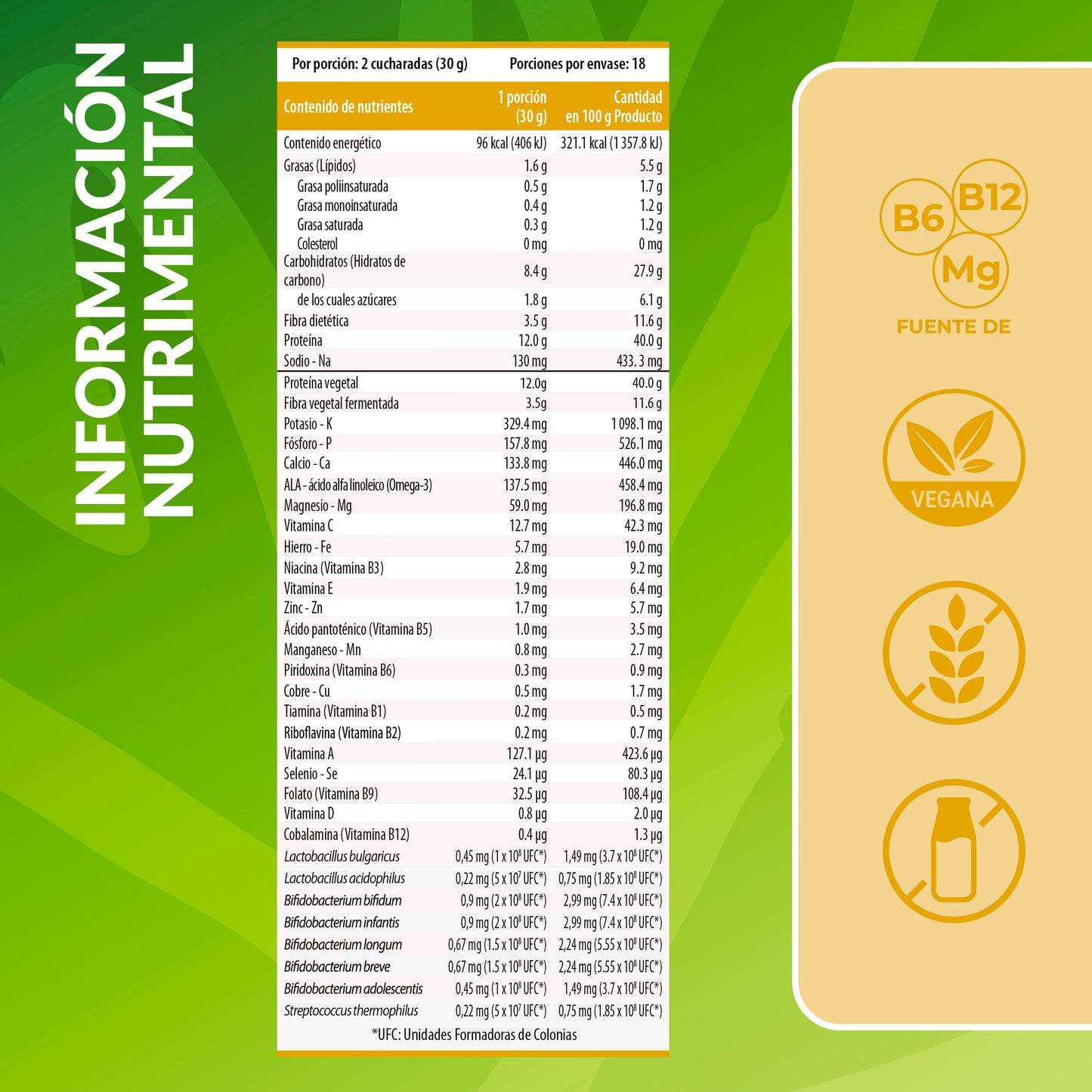 Tabla nutrimental de proteína vegana con fibra sabor vainilla Living Foods