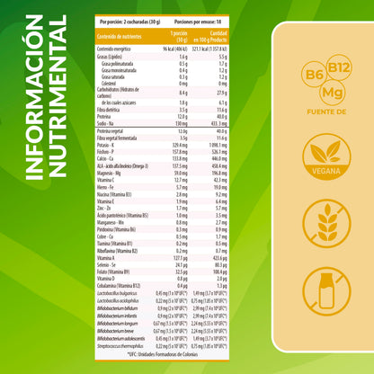 Tabla nutrimental de proteína vegana con fibra sabor vainilla Living Foods
