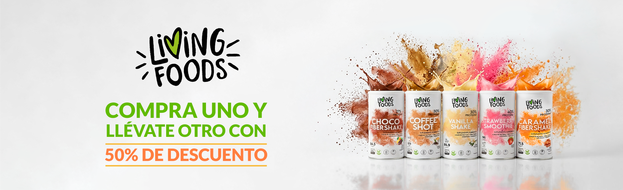Promocion de superalimentos Living Foods compra dos productos y recibe el segundo a mitad de precio